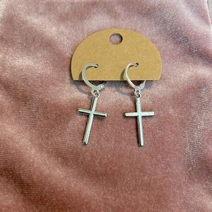 Silver cross earrings drop down